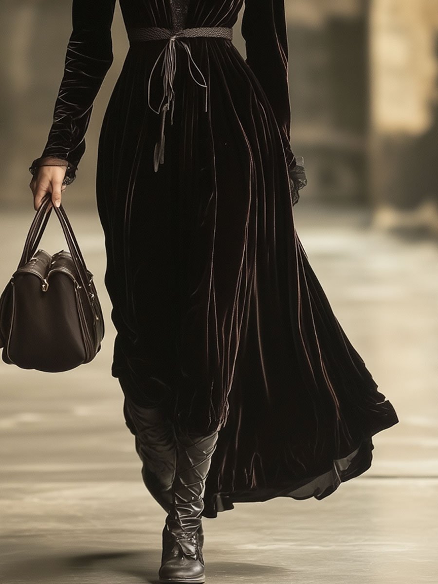 Velvet V-neck maxi dress by Christine Brewer featuring a flowing silhouette and elegant evening dress design.