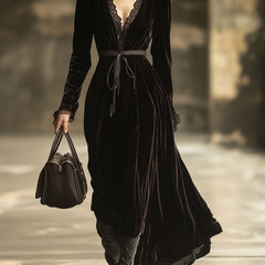 Velvet V-neck maxi dress by Christine Brewer featuring a flowing evening dress design in deep, luxurious fabric.
