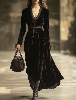 Velvet V-neck maxi dress by Christine Brewer featuring a flowing evening dress design in deep, luxurious fabric.