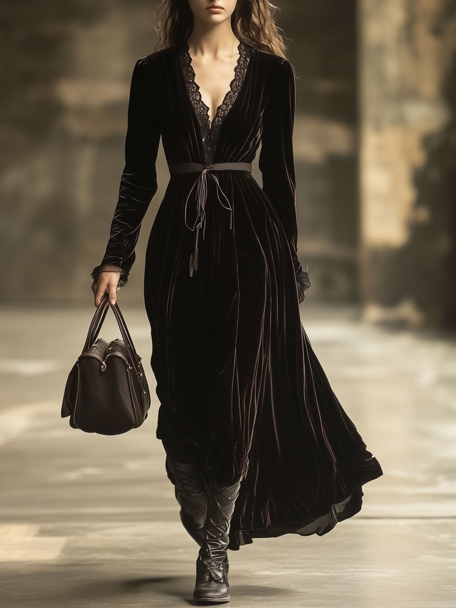 Velvet V-neck maxi dress by Christine Brewer featuring a flowing evening dress design in deep, luxurious fabric.