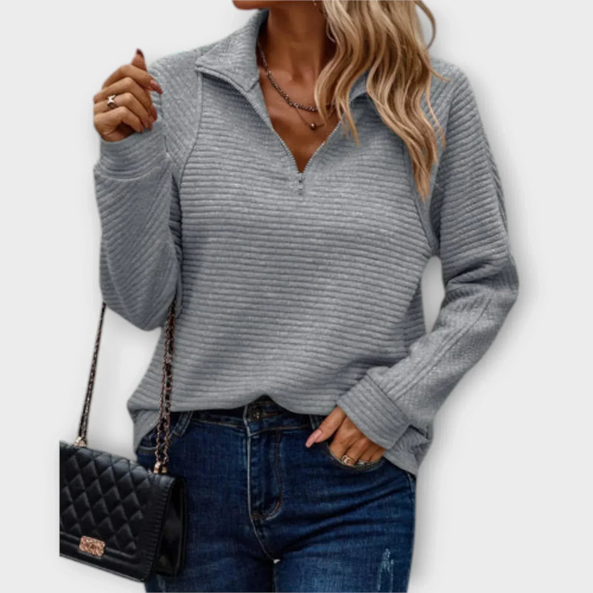 Katherine women's V-neck half-zip sweater by Christine Brewer, featuring a cozy knit fabric and a stylish V-neck design.