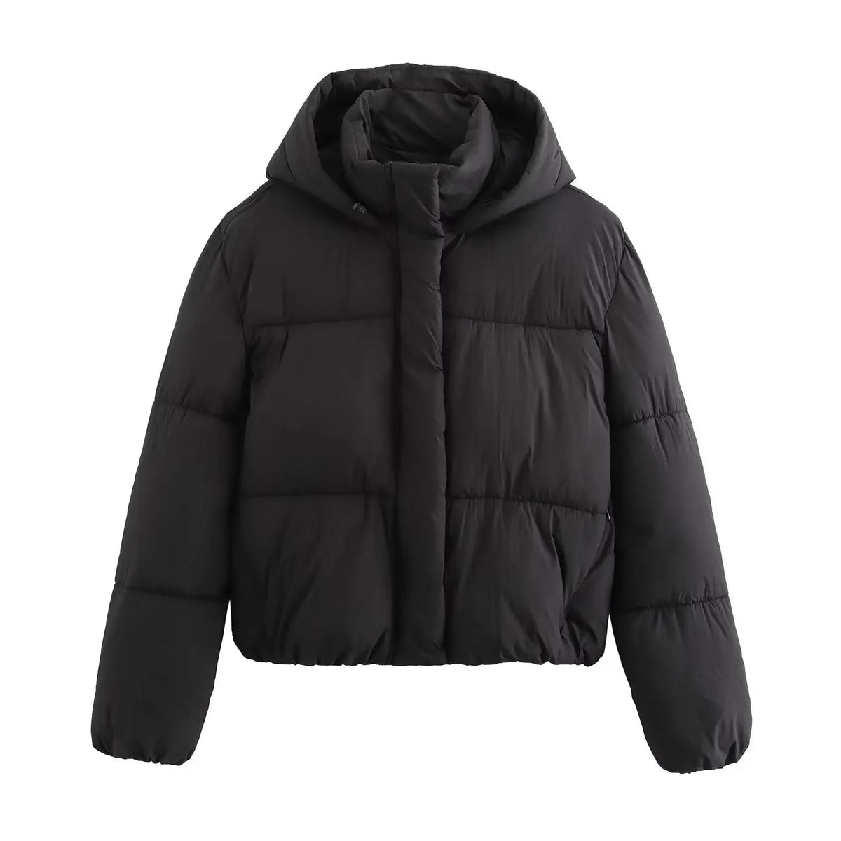 Black Christene Brewer Grace hooded puffer jacket for women, showcasing its quilted design and cozy hood.