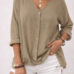 Klarakhaki Aria V-neck button-front blouse for women by Christine Brewer, featuring a stylish and comfortable design.