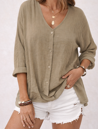 Klarakhaki Aria V-neck button-front blouse for women by Christine Brewer, featuring a stylish and comfortable design.