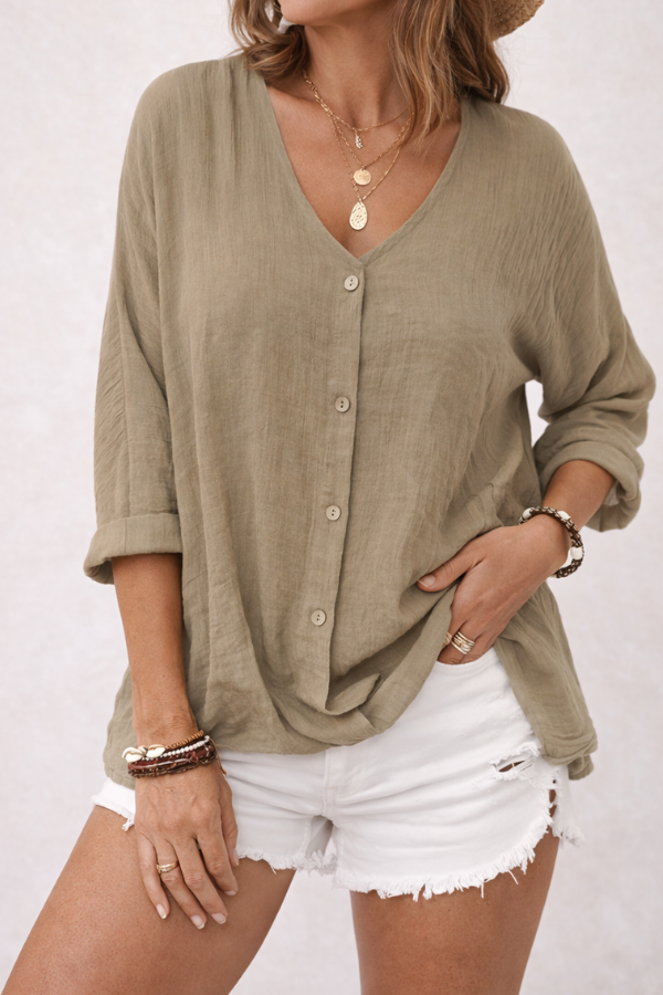 Klarakhaki Aria V-neck button-front blouse for women by Christine Brewer, featuring a stylish and comfortable design.