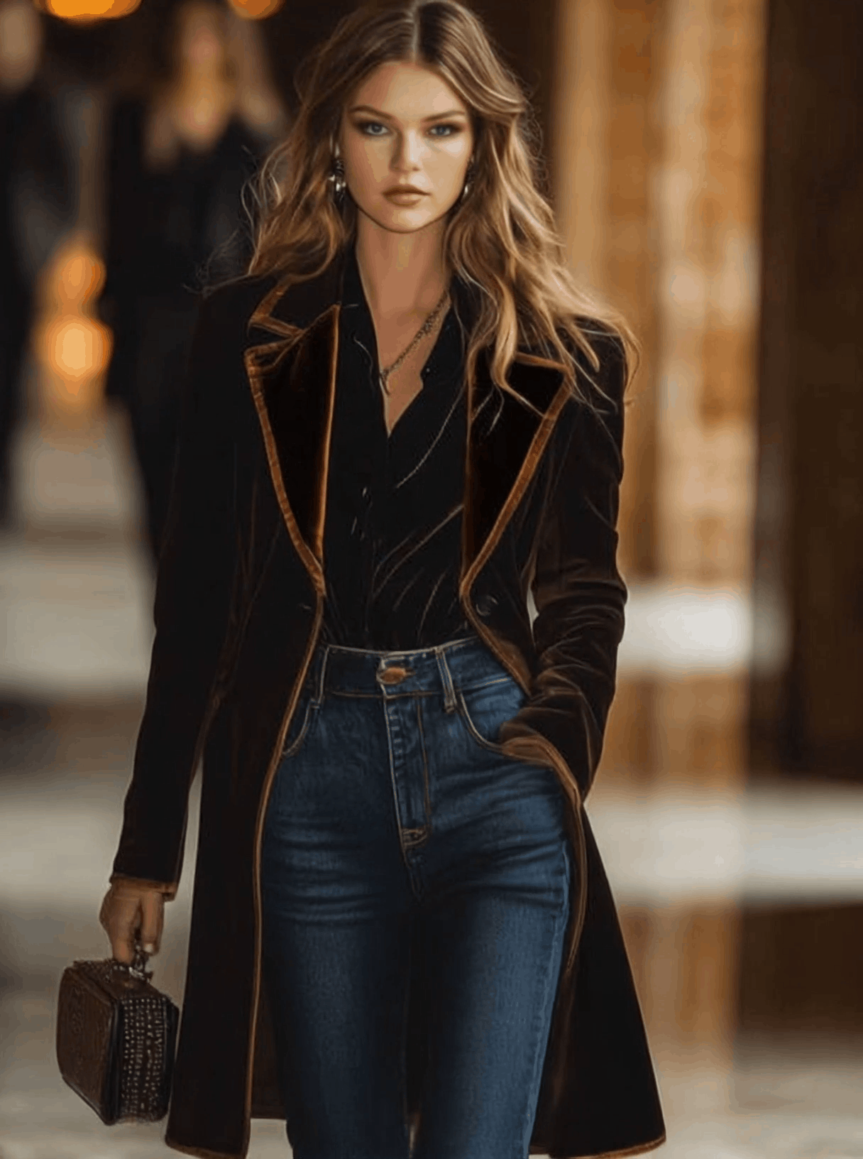 Brown velvet color-block coat with lapel collar and pockets by Christine Brewer, shown hanging on a hanger.