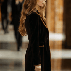 Brown velvet color-block lapel coat with pockets by Christine Brewer, featuring a stylish and cozy design.