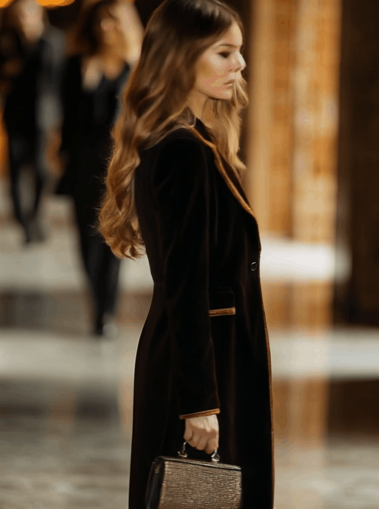 Brown velvet color-block lapel coat with pockets by Christine Brewer, featuring a stylish and cozy design.