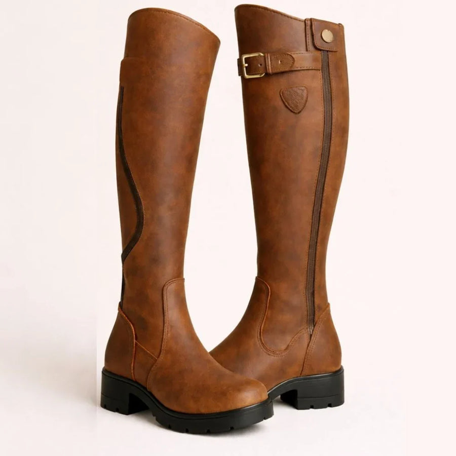 Mia1 | Knee High Boots, Women, Waterproof, Leather, Block Heel, Side Zip, Buckle Strap, Round