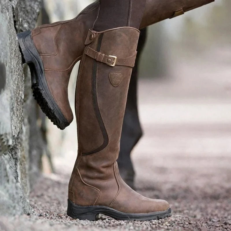 Mia1 | Knee High Boots, Women, Waterproof, Leather, Block Heel, Side Zip, Buckle Strap, Round