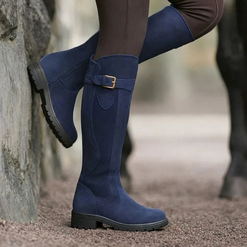 Mia1 | Knee High Boots, Women, Waterproof, Leather, Block Heel, Side Zip, Buckle Strap, Round