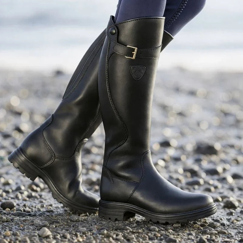Mia1 | Knee High Boots, Women, Waterproof, Leather, Block Heel, Side Zip, Buckle Strap, Round
