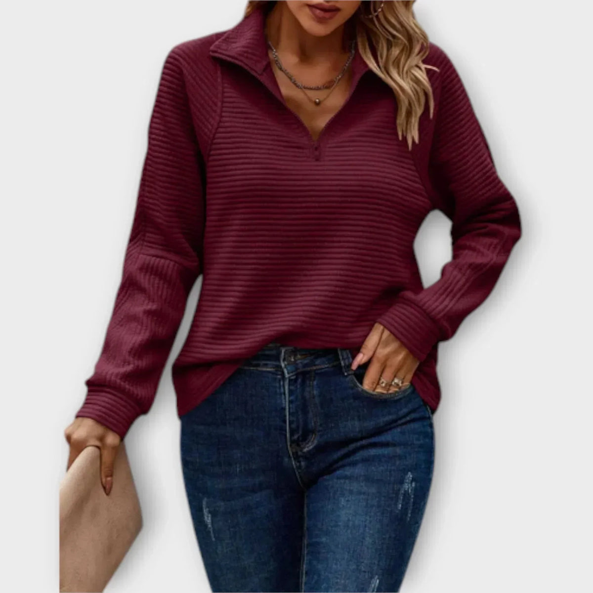 Christine Brewer Katherine women's V-neck half-zip sweater, soft knit in a relaxed fit, shown in a front view.