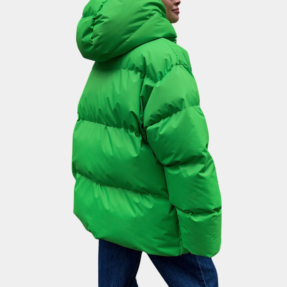 Lightly quilted Sienna long hooded puffer jacket for women by Christine Brewer, shown in a stylish, lightweight design.