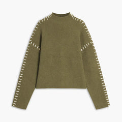 Arm-green ribbed wool mock neck oversized sweater by Christine Brewer, featuring whipstitch details, perfect for autumn wear.
