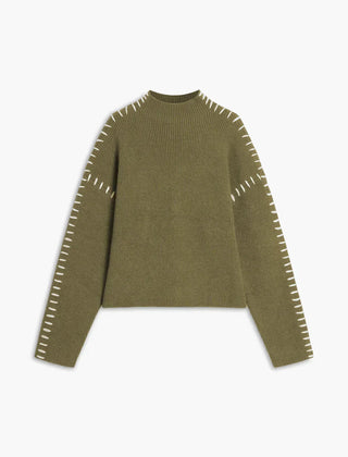 Arm-green ribbed wool mock neck oversized sweater by Christine Brewer, featuring whipstitch details, perfect for autumn wear.