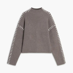 Valentina oversized women's sweater by Christine Brewer in camel, with ribbed wool texture and mock neck, perfect for autumn.