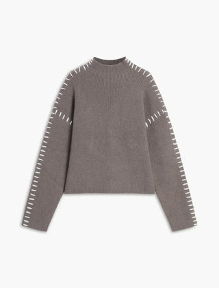 Valentina oversized women's sweater by Christine Brewer in camel, with ribbed wool texture and mock neck, perfect for autumn.