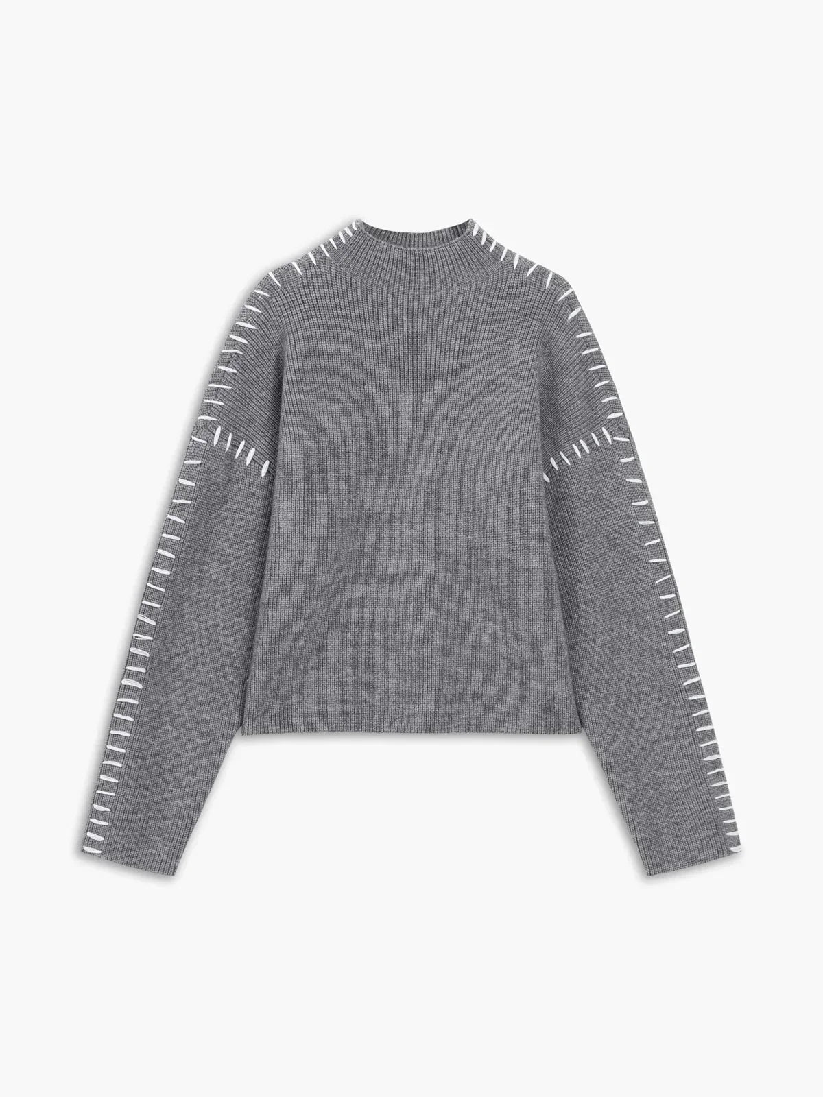Light gray Valentina oversized wool sweater for women with ribbed knit and mock neck, ideal for autumn casual wear.