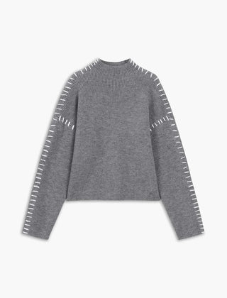 Light gray ribbed wool mock neck sweater by Christine Brewer, featuring whipstitch details and an oversized, versatile autumn style.