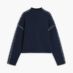 Navy Valentina oversized wool sweater for women by Christine Brewer with ribbed texture and mock neck, perfect for autumn.