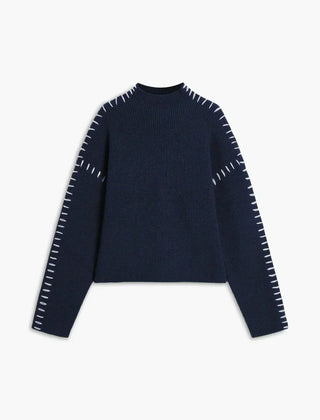 Navy Valentina oversized wool sweater for women by Christine Brewer with ribbed texture and mock neck, perfect for autumn.