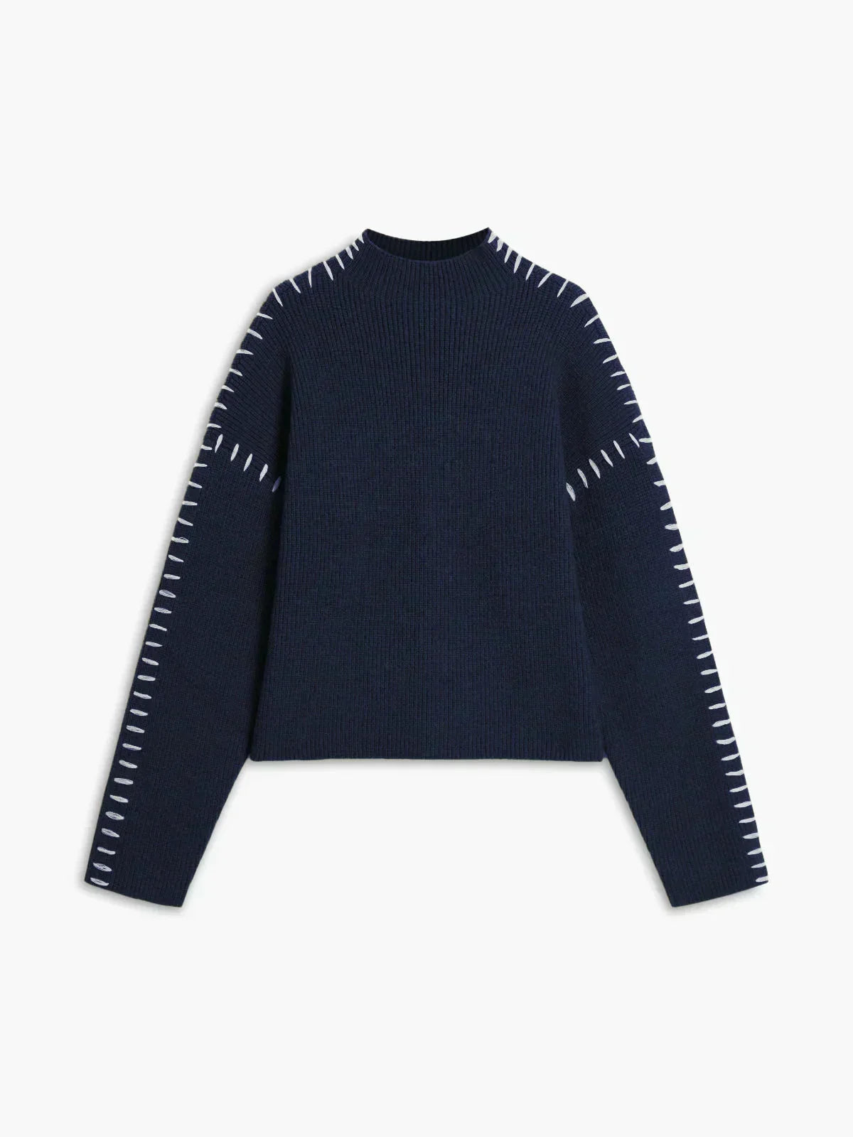 Navy ribbed wool oversized sweater with mock neck and whipstitch details from Christine Brewer's Sadie autumn collection.