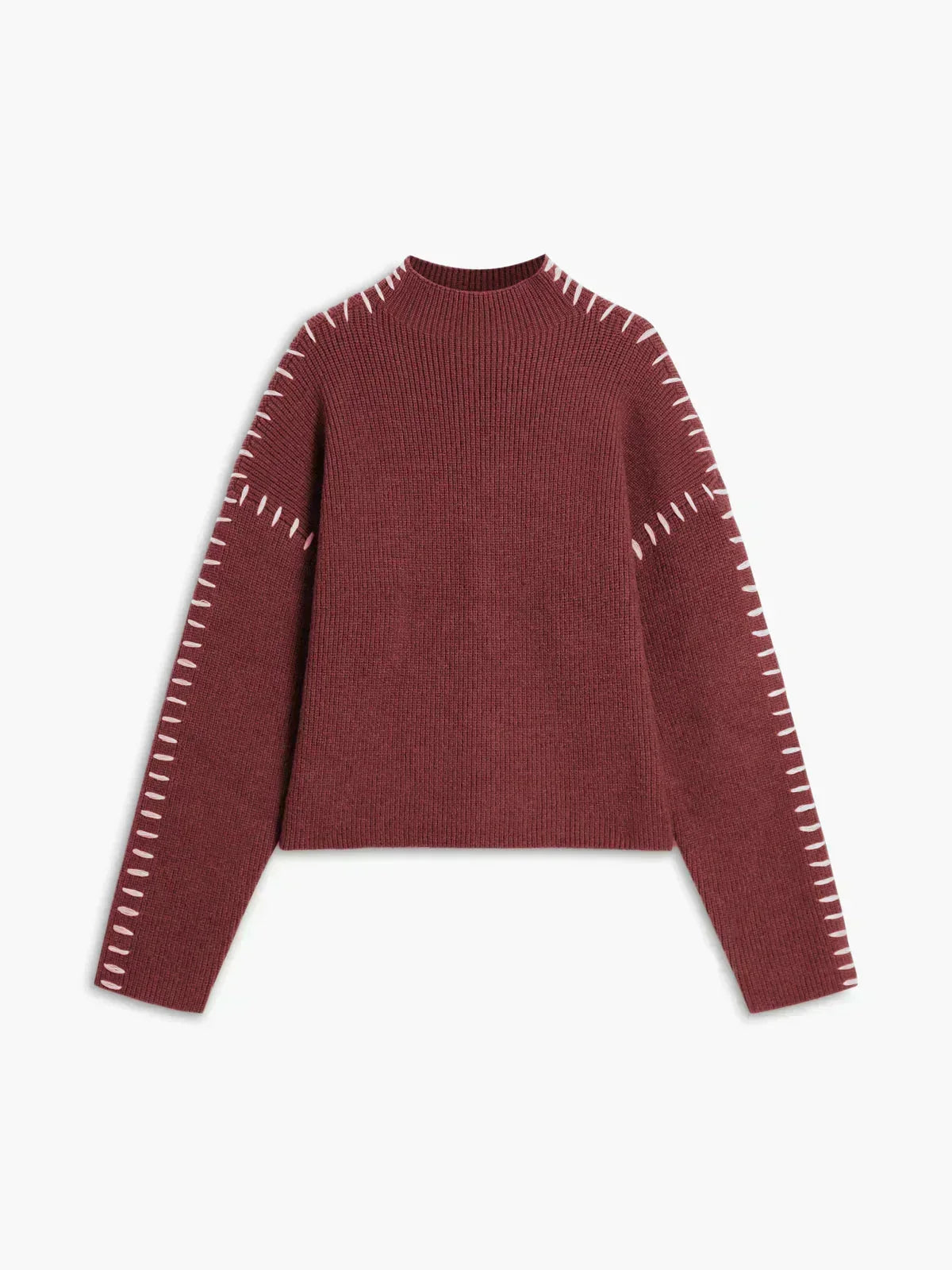 Red oversized Valentina wool sweater for women by Christine Brewer featuring a ribbed mock neck and whipstitch details.