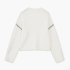 White ribbed wool oversized sweater by Christine Brewer, featuring a mock neck and whipstitch details, perfect for autumn.