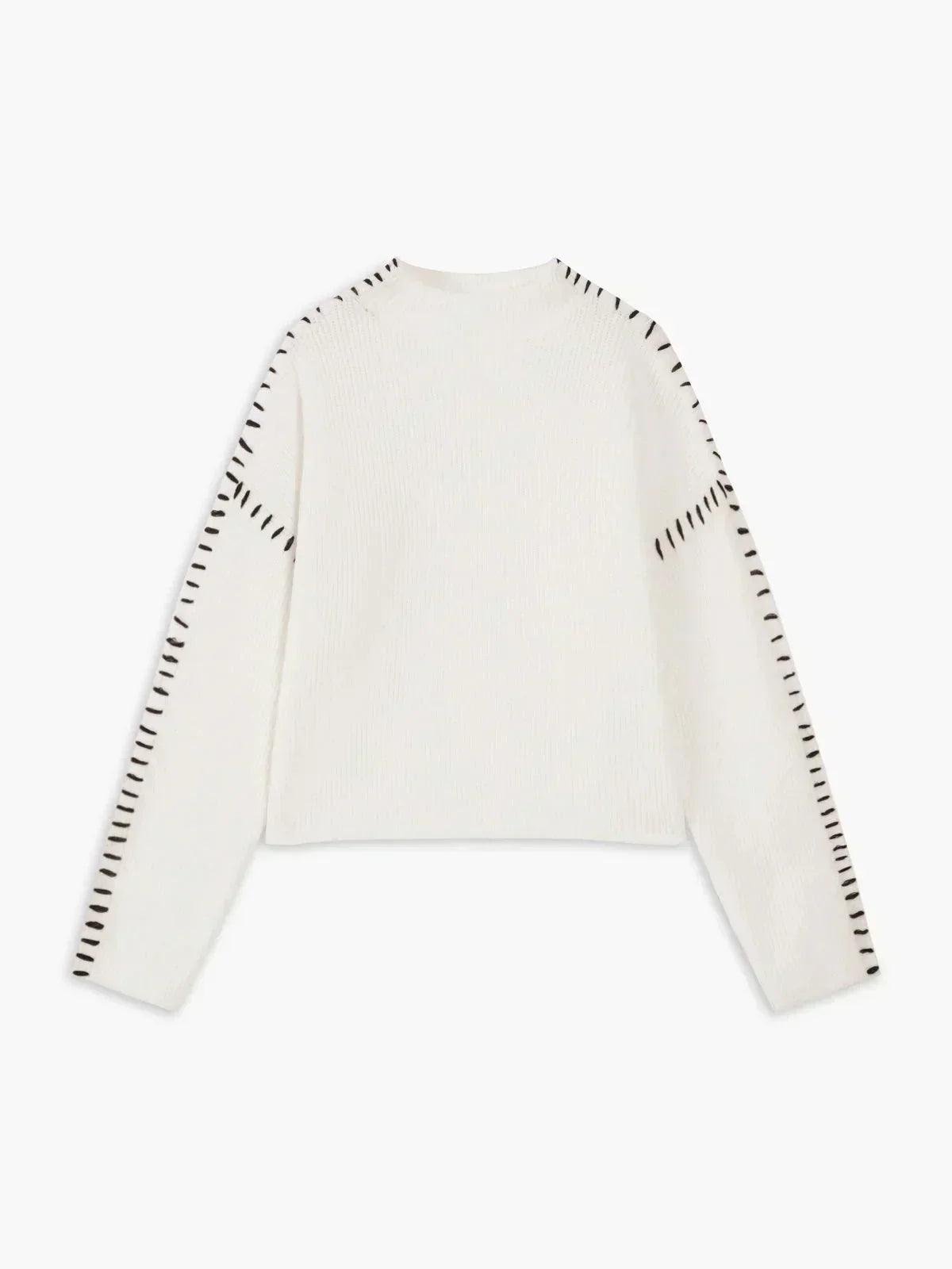 White ribbed wool mock neck sweater from Christine Brewer's Sadie collection, featuring whipstitch details and a cozy oversized fit.