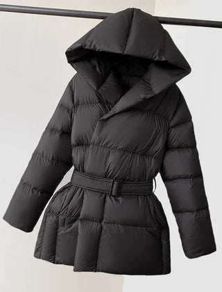 Black Ella belted hooded puffer jacket for women by Christine Brewer, featuring a front belt, hood, and quilted insulation.