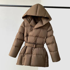Brown Ella belted hooded puffer jacket for women by Christine Brewer, featuring a stylish hood and comfortable padded design.