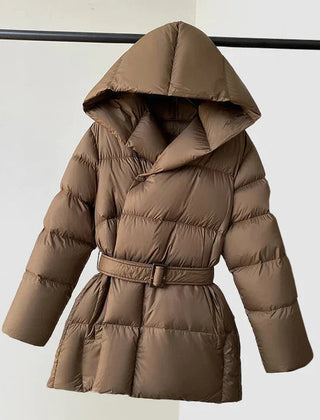 Brown Ella belted hooded puffer jacket for women by Christine Brewer, featuring a stylish hood and comfortable padded design.