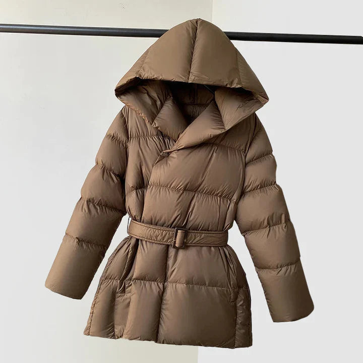 Brown Ella belted hooded puffer jacket for women by Christine Brewer, featuring a stylish hood and comfortable padded design.