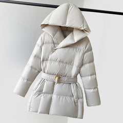 White Ella belted hooded puffer jacket for women by Christine Brewer, shown with a front view highlighting the belted waist and hood.