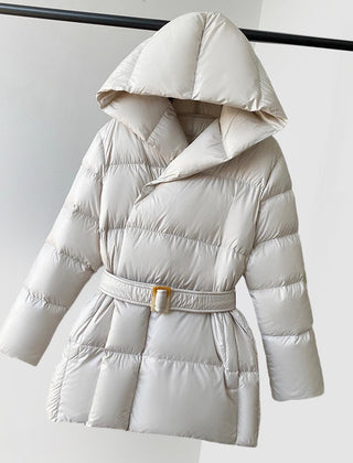 White Ella belted hooded puffer jacket for women by Christine Brewer, shown with a front view highlighting the belted waist and hood.