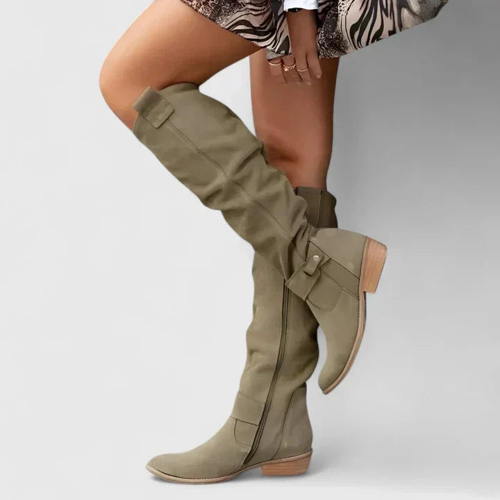 Chloe1 | Knee High Boots, Women, Block Heel, Pointed Toe, Side Zip, Buckle Strap, Slouch,
