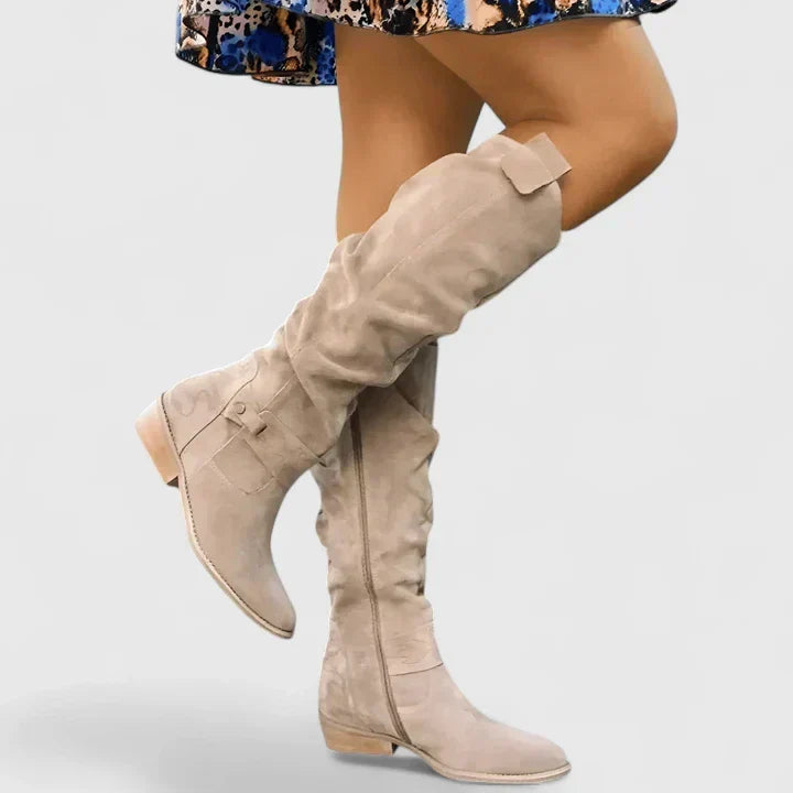 Chloe1 | Knee High Boots, Women, Block Heel, Pointed Toe, Side Zip, Buckle Strap, Slouch,