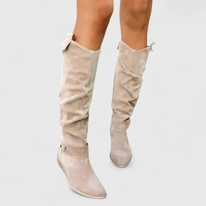 Chloe1 | Knee High Boots, Women, Block Heel, Pointed Toe, Side Zip, Buckle Strap, Slouch,