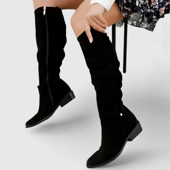Chloe1 | Knee High Boots, Women, Block Heel, Pointed Toe, Side Zip, Buckle Strap, Slouch,