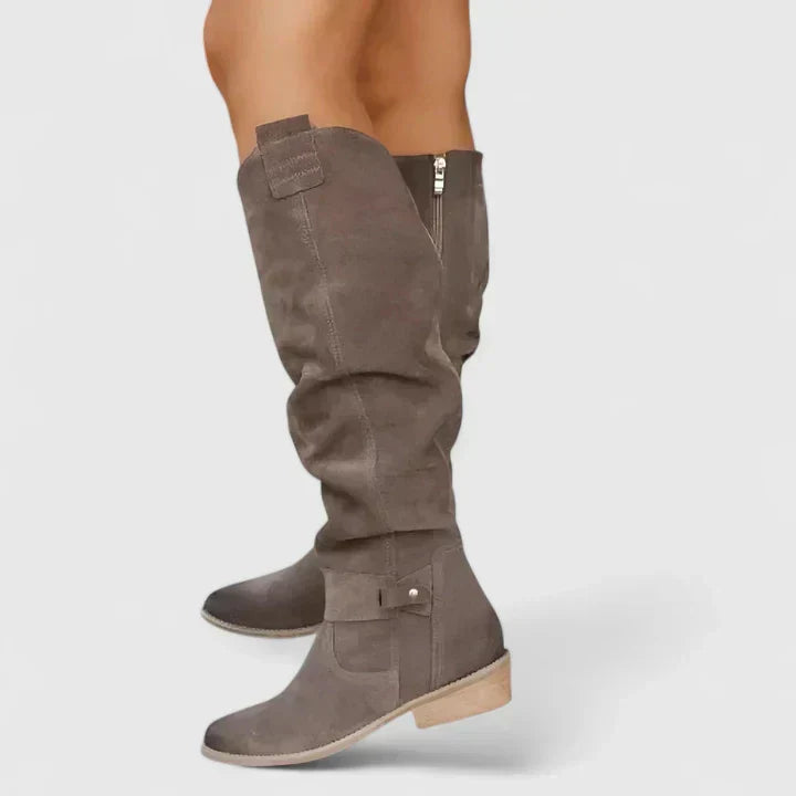 Chloe1 | Knee High Boots, Women, Block Heel, Pointed Toe, Side Zip, Buckle Strap, Slouch,