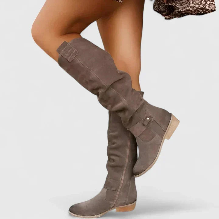 Chloe1 | Knee High Boots, Women, Block Heel, Pointed Toe, Side Zip, Buckle Strap, Slouch,