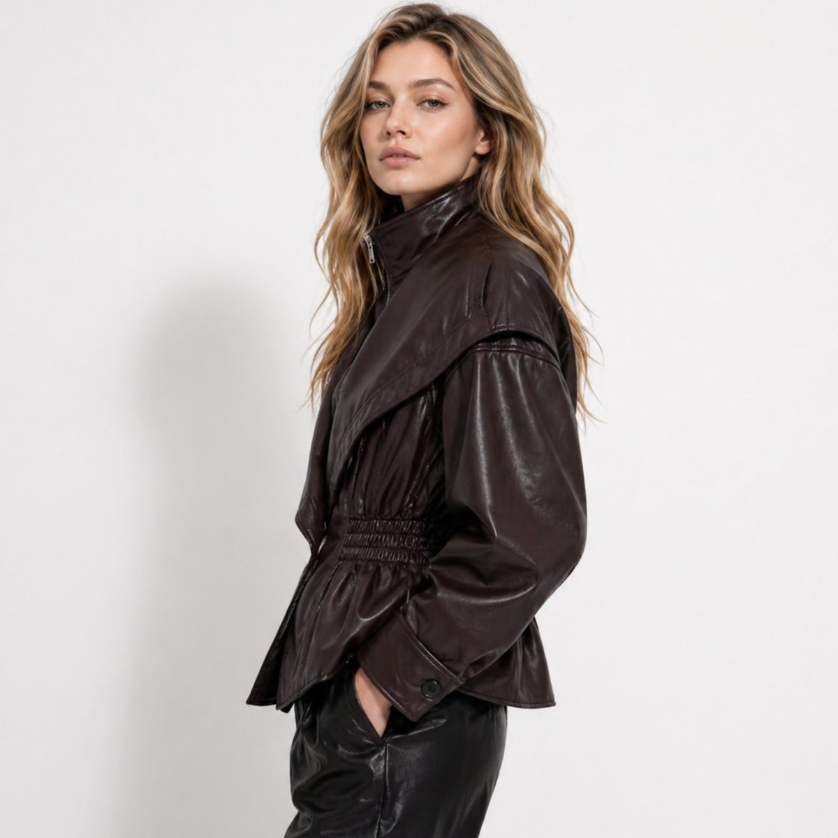 Manon cinched waist faux leather jacket by Christine Brewer, stylish women's jacket with sleek design and modern fit.