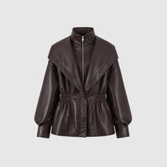 Manon cinched waist faux leather jacket by Christine Brewer, featuring a sleek women's jacket with stylish detailing and modern fit.