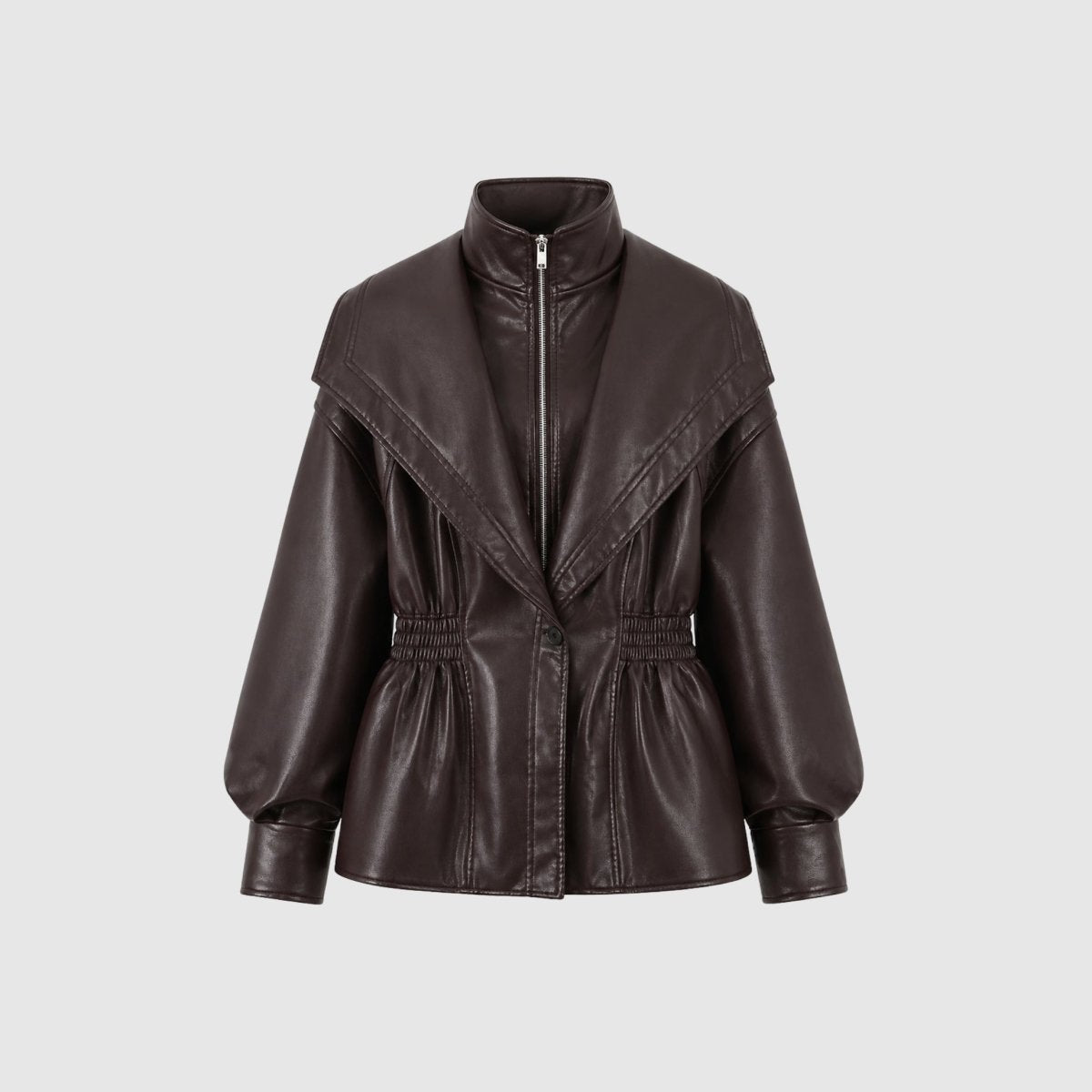 Manon cinched waist faux leather jacket by Christine Brewer, featuring a sleek women's jacket with stylish detailing and modern fit.
