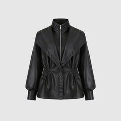 Manon cinched waist faux leather jacket for women by Christine Brewer, showcasing sleek design and stylish fit.