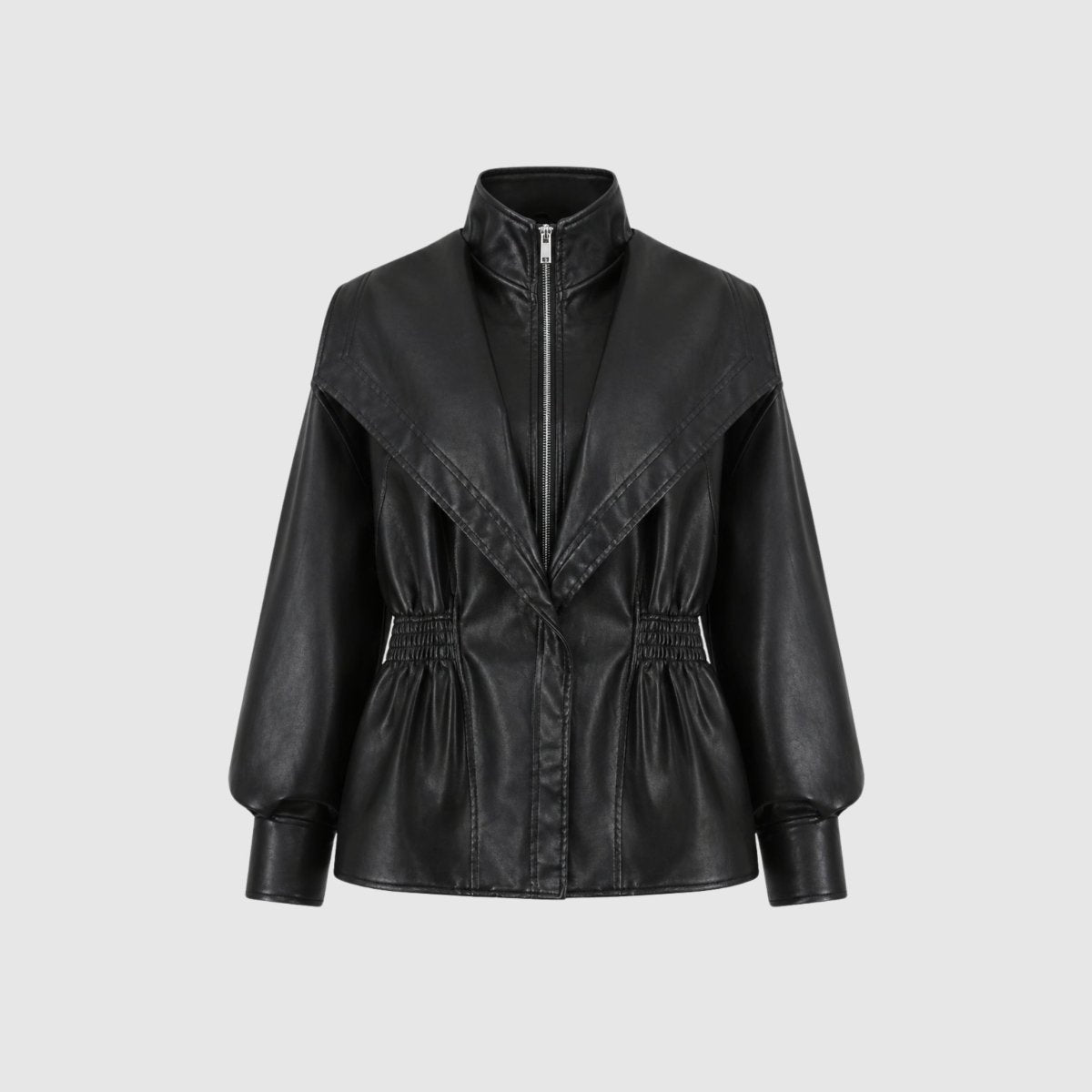Manon cinched waist faux leather jacket for women by Christine Brewer, showcasing sleek design and stylish fit.