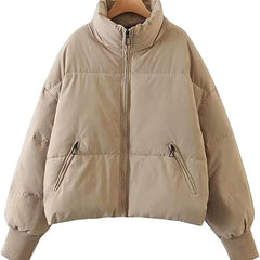 Emily stand collar puffer jacket for women by Christine Brewer, shown in a stylish, insulated design perfect for cold weather.
