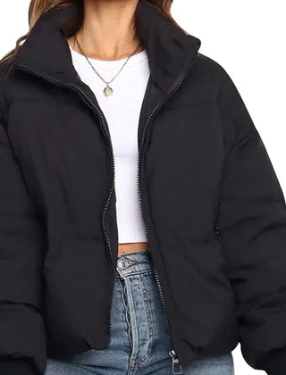 Black Emily stand collar puffer jacket for women by Christine Brewer, showing the front view with quilted design and stand collar.