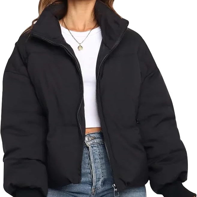 Black Emily stand collar puffer jacket for women by Christine Brewer, showing the front view with quilted design and stand collar.